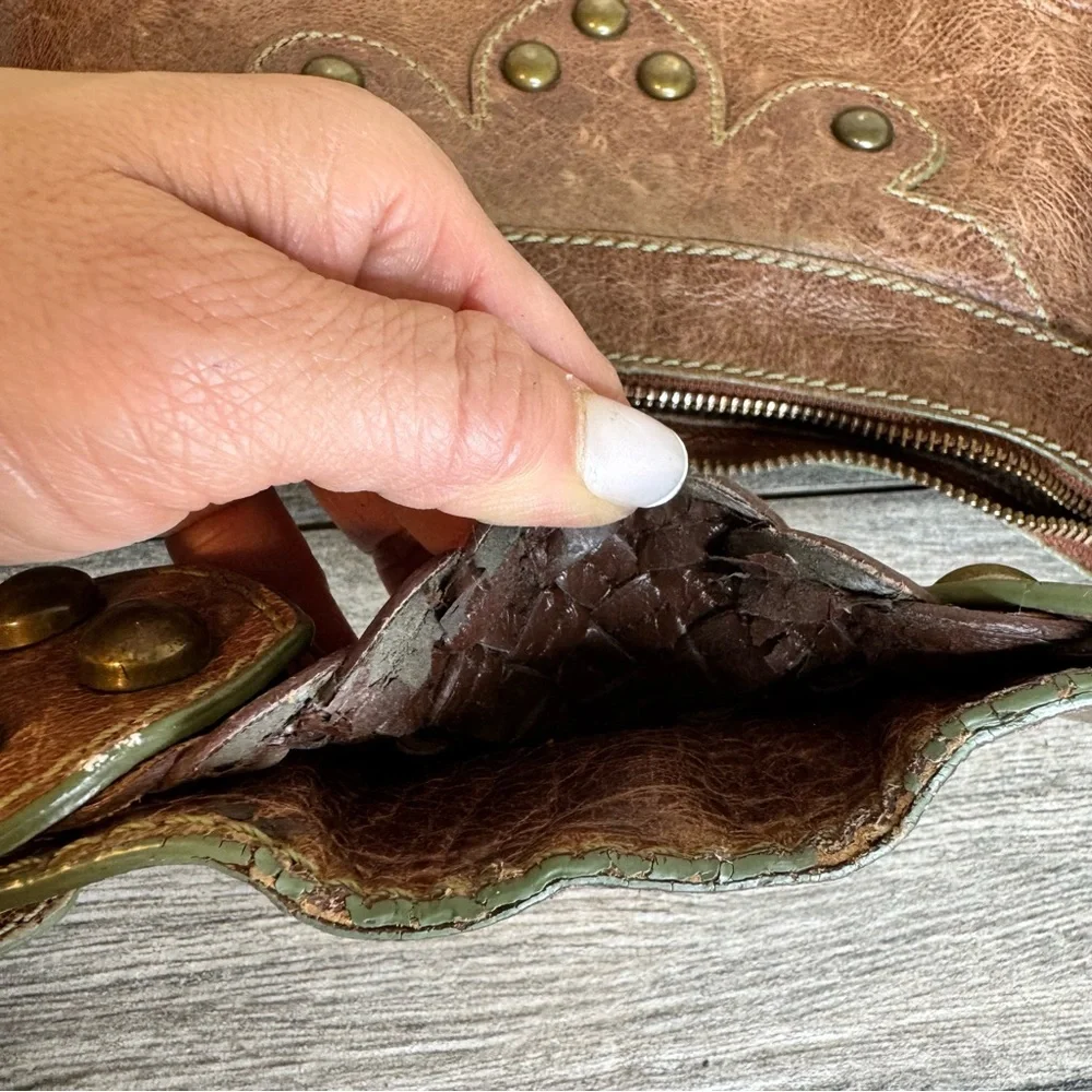 Isabella Fiore Oasis Hobo Brown Distressed Leather Brass Studded Shoulder Bag - Picture 15 of 16